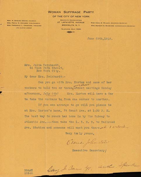 Letter From Eldredge Johnson To Mrs. Julia Reinhardt Recruiting Speakers